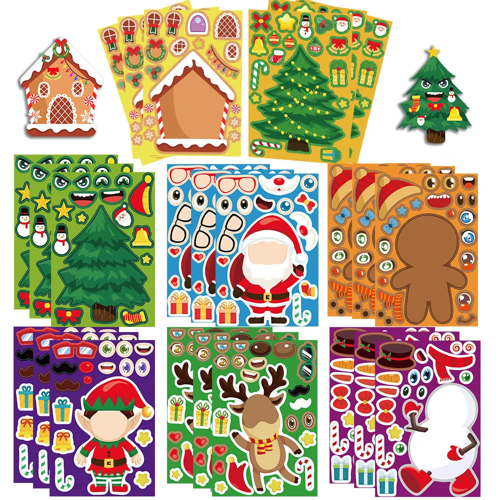 8Pcs Puzzle Cartoon Christmas Snowman Party Make a Face Stickers