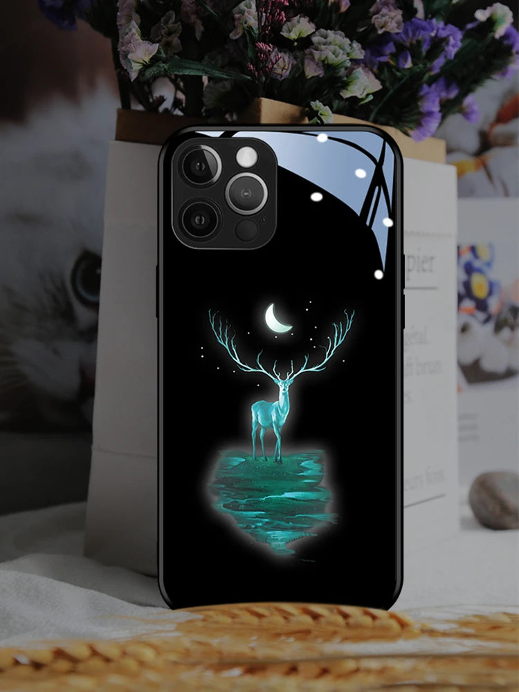 Couples Reindeer LED Light Glowing Luminous Tempered Glass Phone Case