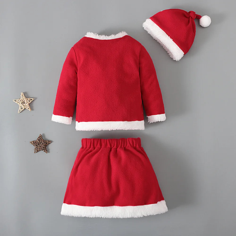 Girl Clothes Set Baby Outfit Chrismas Santa Tops+Skirt+Hat 3Pcs Suit