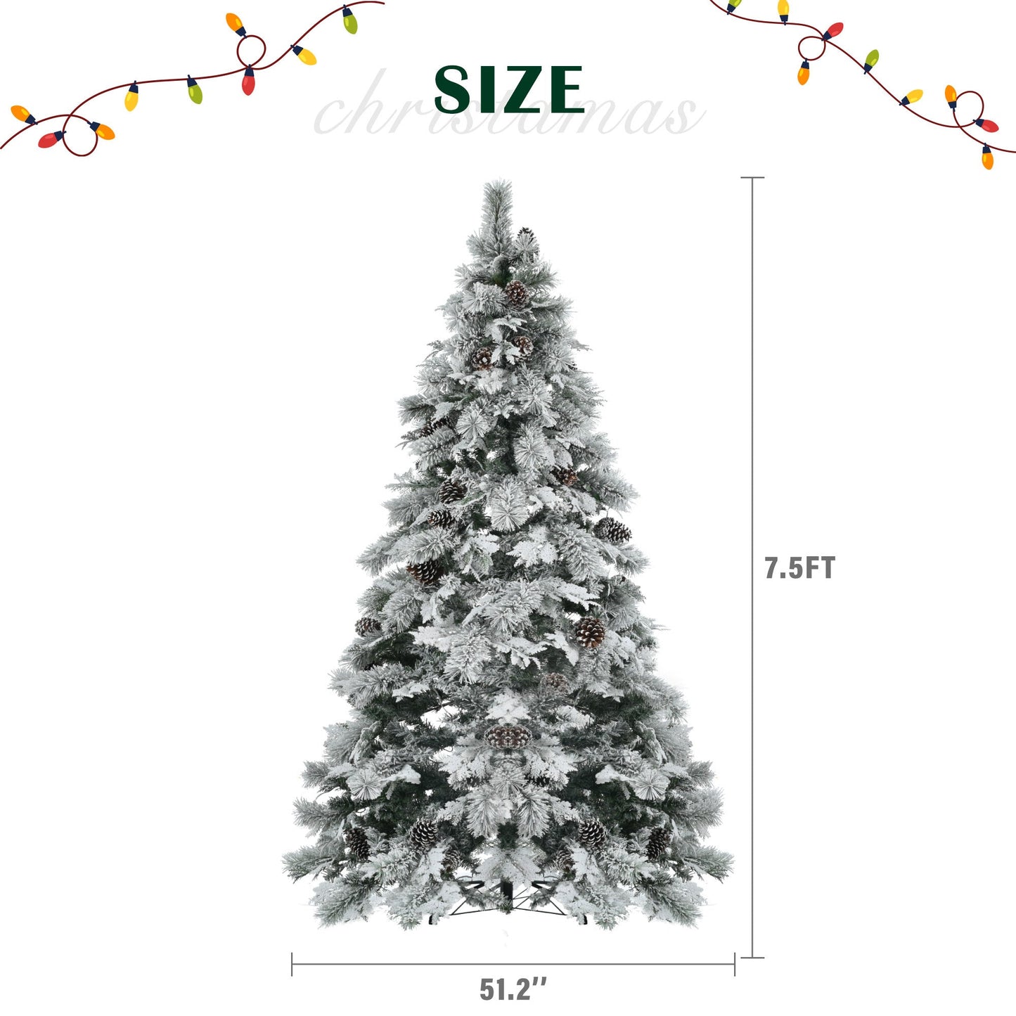 7.5FT Pre-Lit Spruce Snow Flocked Christmas Tree with Pine Cones,