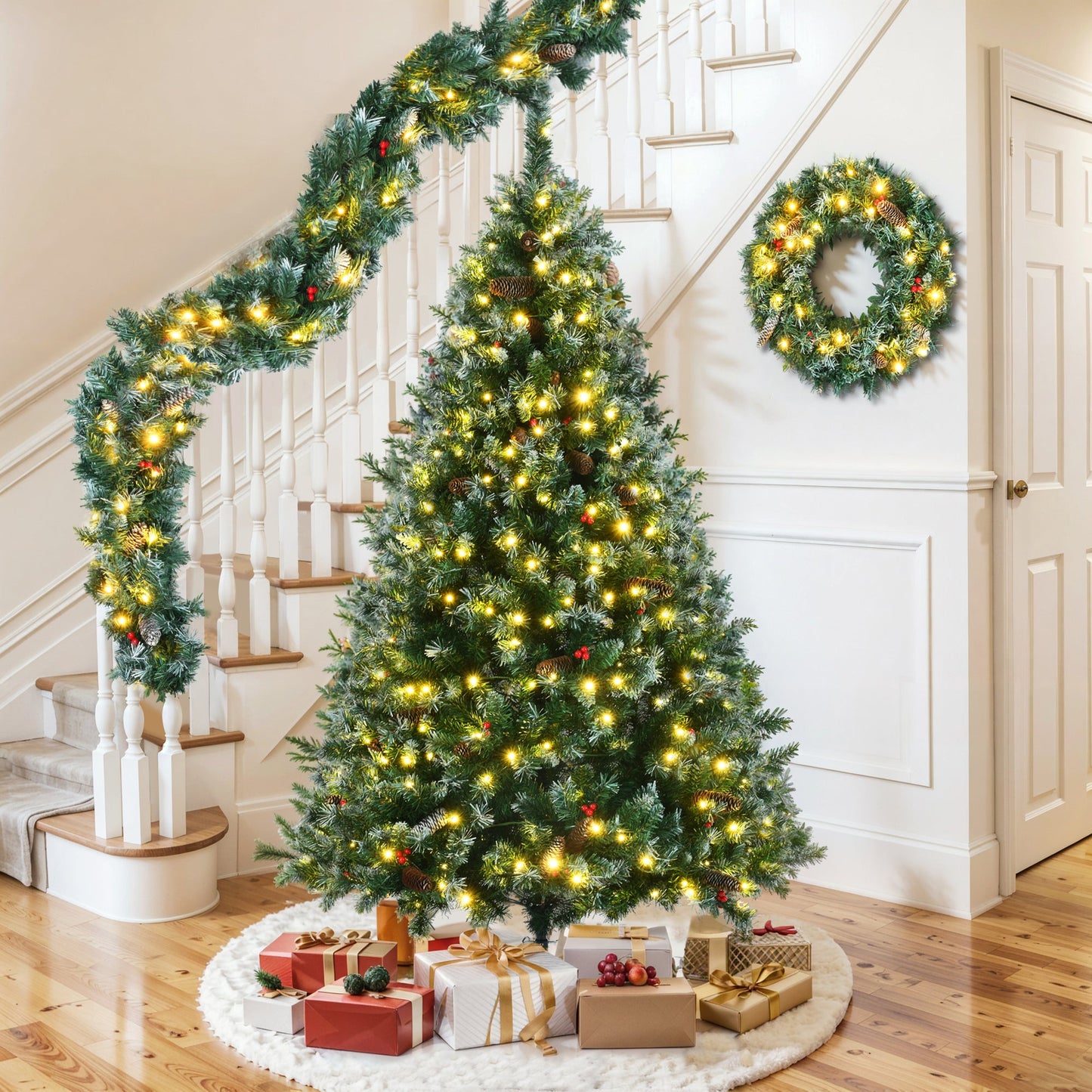 6FT Dark Green Pine Christmas Tree, Pre-Lit Set with Tree & Garland &