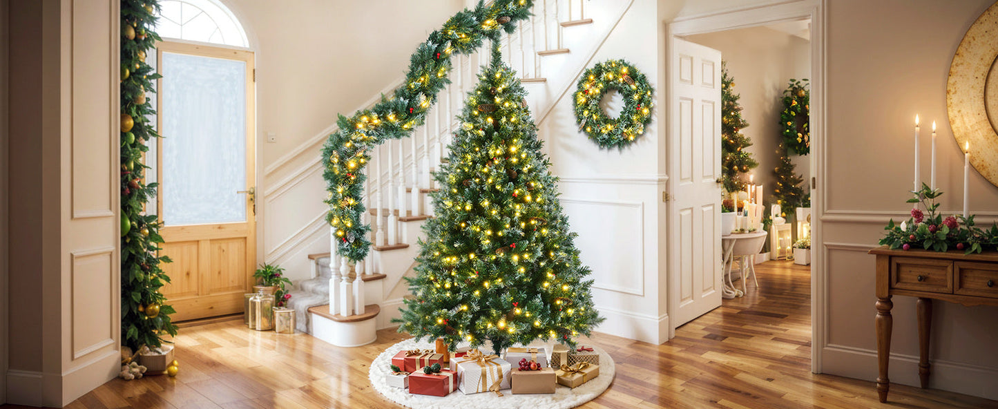 6FT Dark Green Pine Christmas Tree, Pre-Lit Set with Tree & Garland &