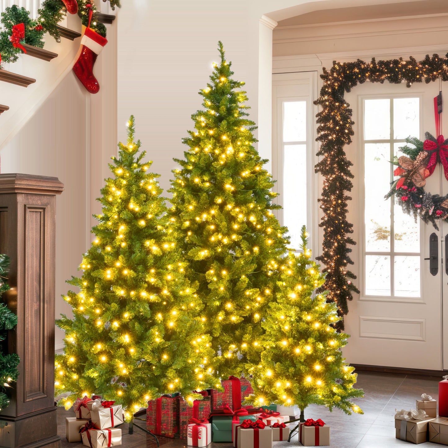 8FT, 6FT, 4FT Pre-Lit Green Pine Artificial Christmas Tree, Set of 3