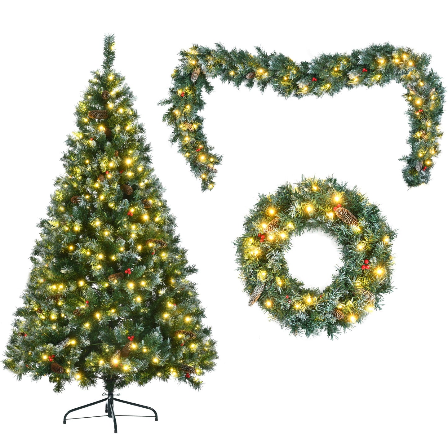 6FT Dark Green Pine Christmas Tree, Pre-Lit Set with Tree & Garland &