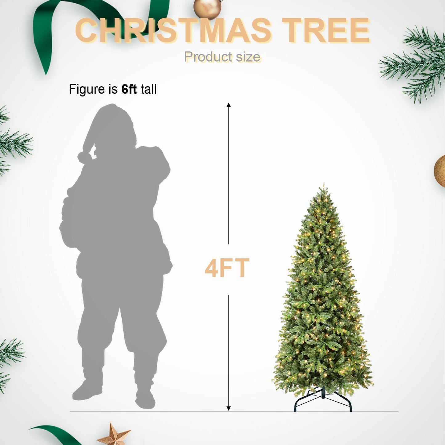 8FT Pre-Lit Slim Christmas Tree, Green, Fir Xmas 'Feel Real'