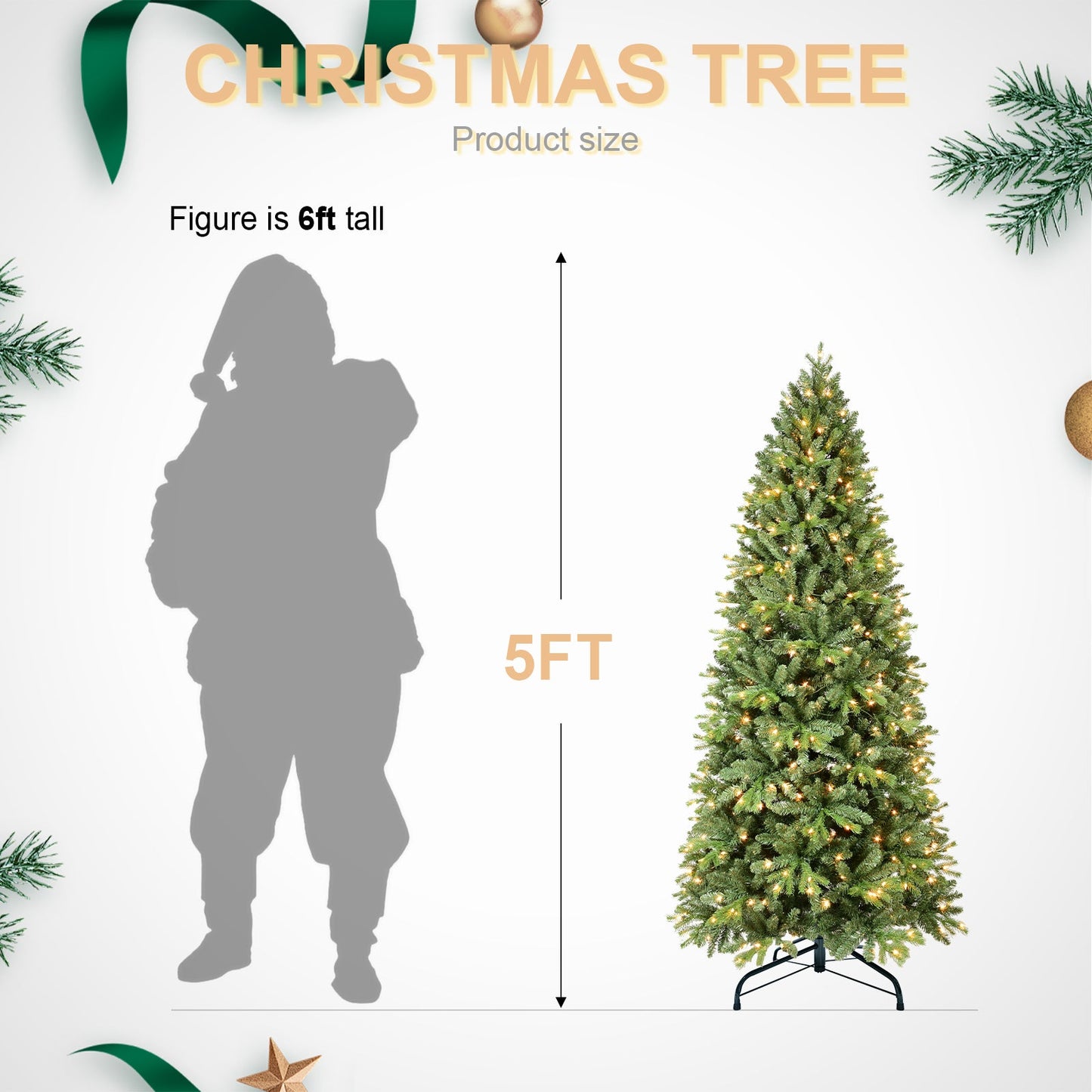 8FT Pre-Lit Slim Christmas Tree, Green, Fir Xmas 'Feel Real'