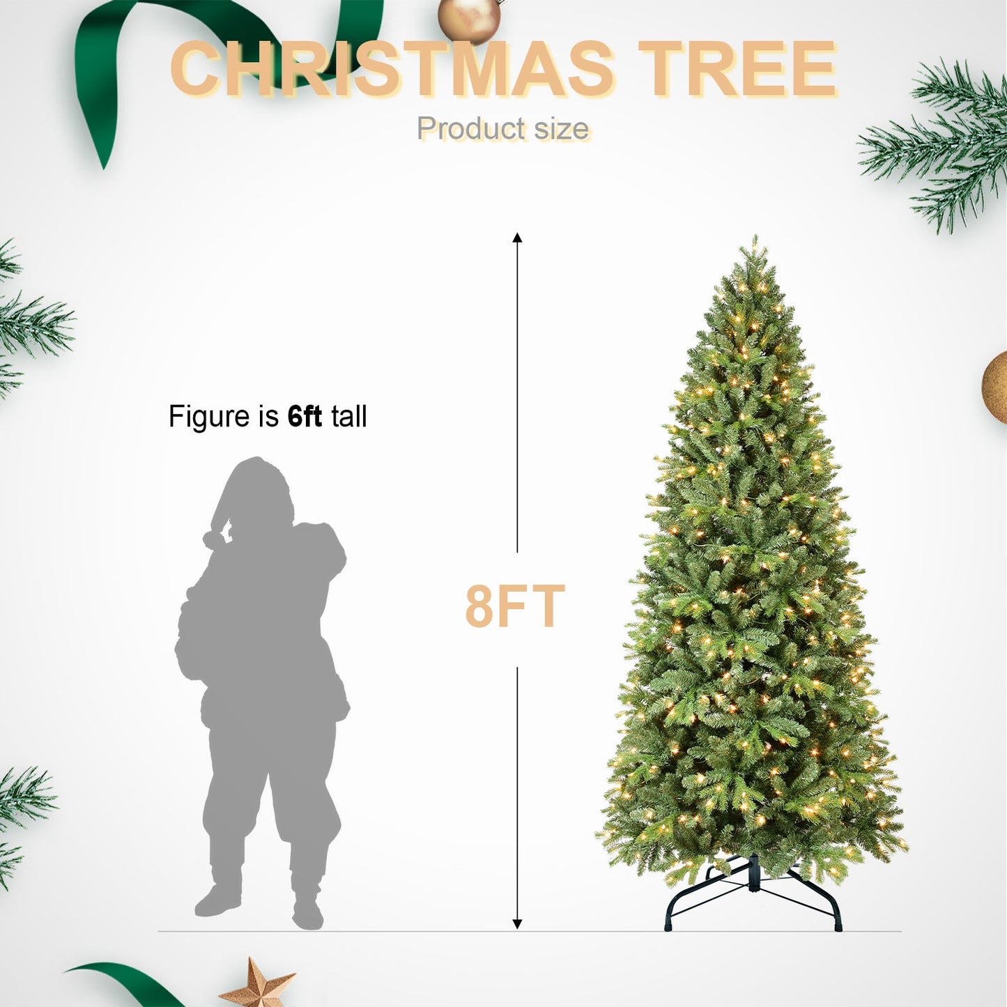 8FT Pre-Lit Slim Christmas Tree, Green, Fir Xmas 'Feel Real'