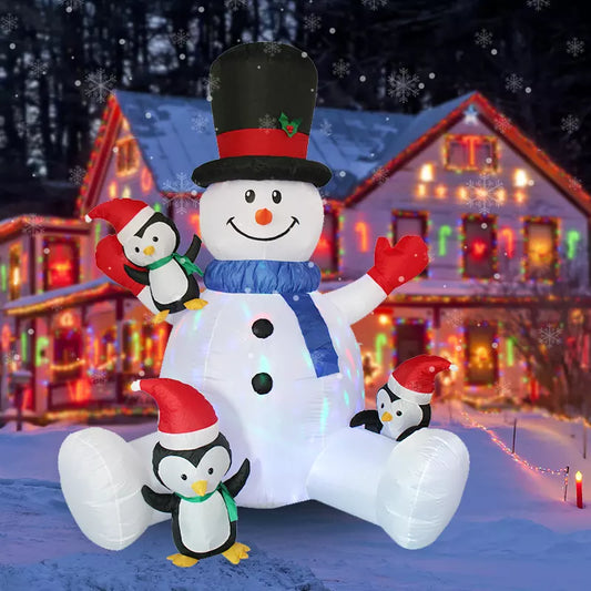 7ft Inflatable Snowman with Penguins Yard Decoration