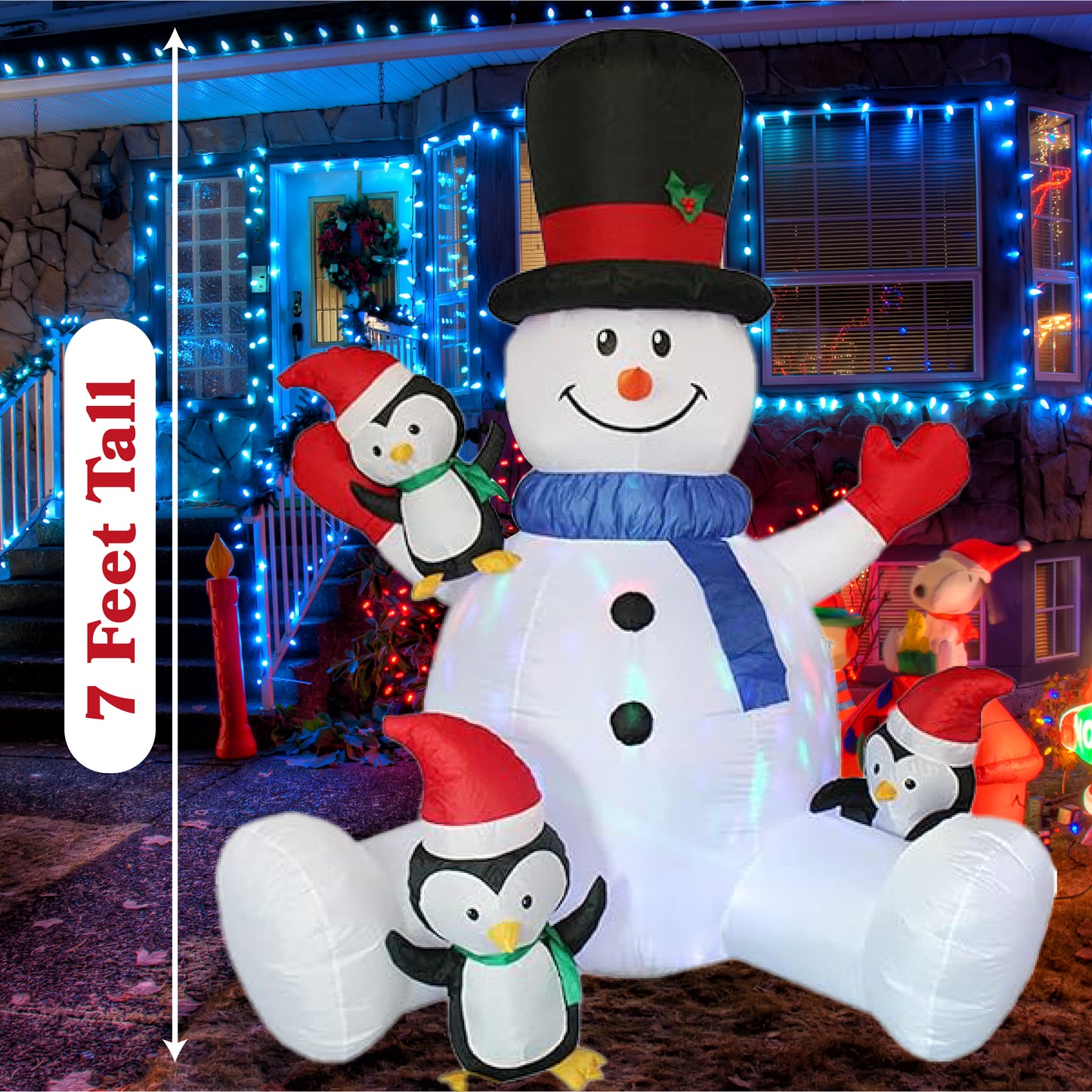 7ft Inflatable Snowman with Penguins Yard Decoration