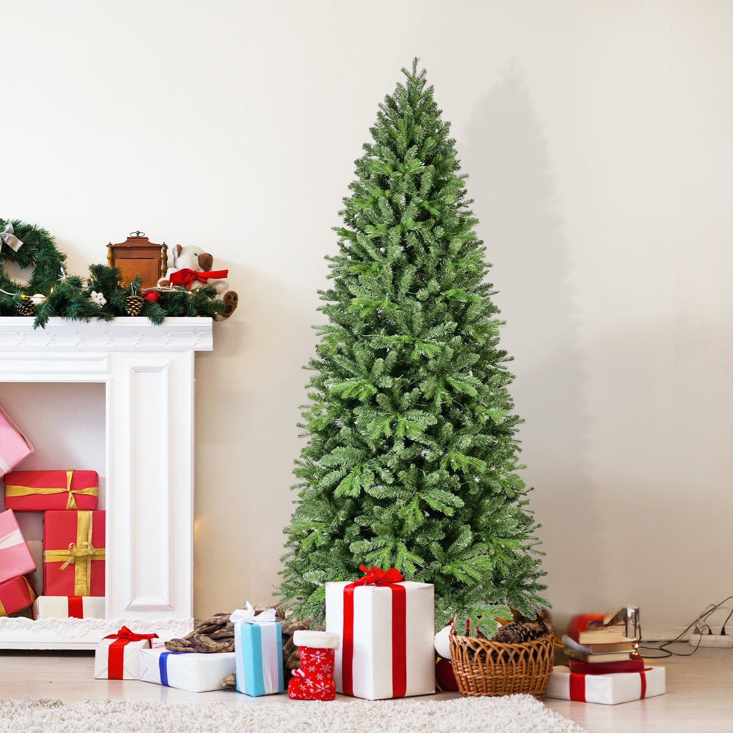 8FT Pre-Lit Slim Christmas Tree, Green, Fir Xmas 'Feel Real'