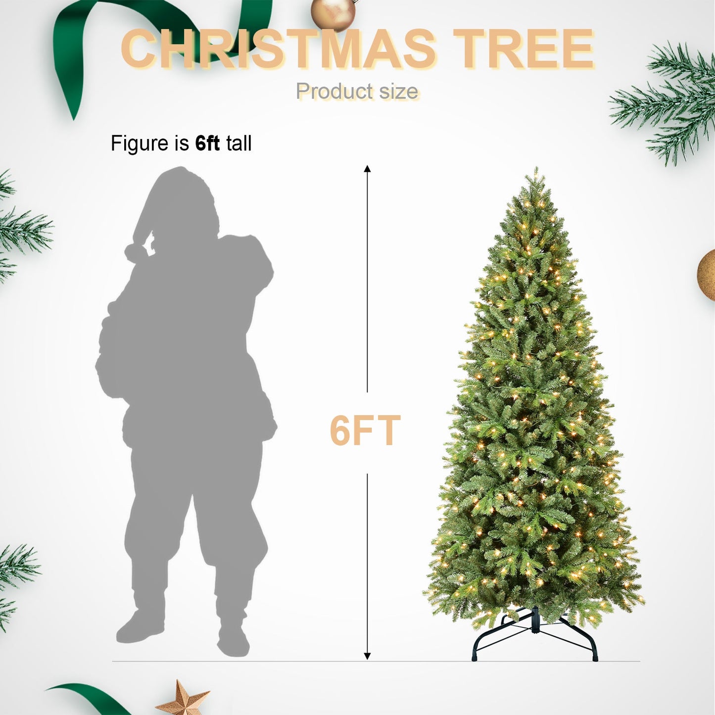 8FT Pre-Lit Slim Christmas Tree, Green, Fir Xmas 'Feel Real'