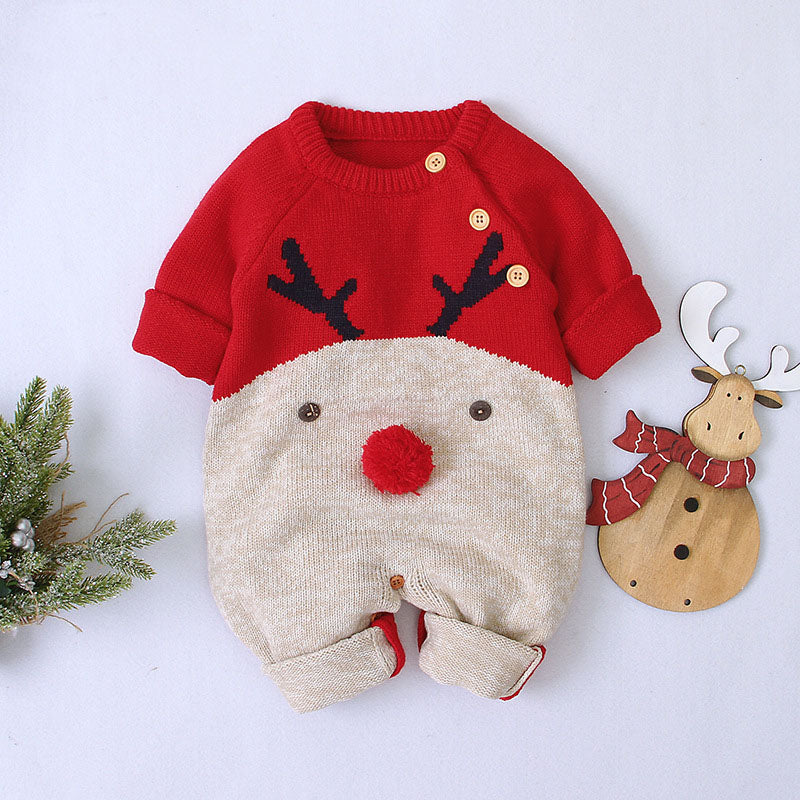 Baby Cartton Pattern Contrast Design Side Button Christmas Knitted