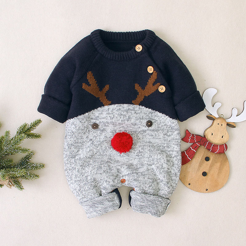 Baby Cartton Pattern Contrast Design Side Button Christmas Knitted